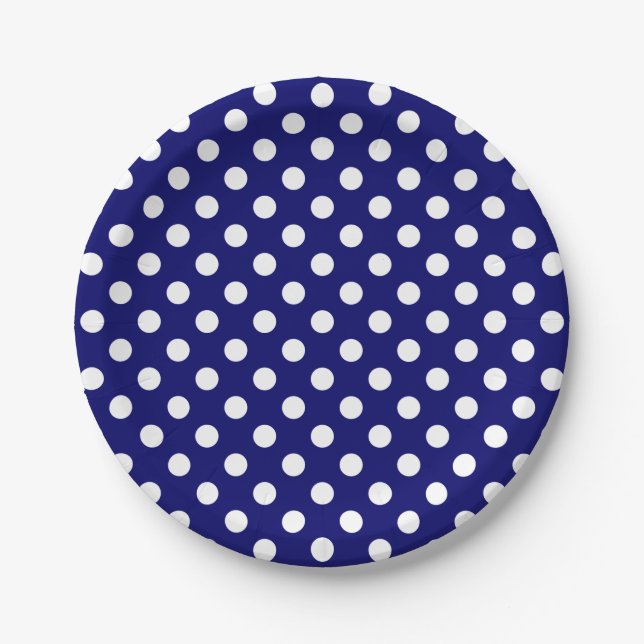 Assiettes En Carton Pois blancs modernes sur bleu marine foncé (Devant)