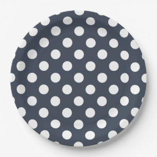 Assiettes En Carton Pois blancs sur gris bleu