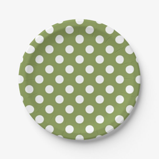 Assiettes En Carton Pois blancs sur vert olive (Devant)