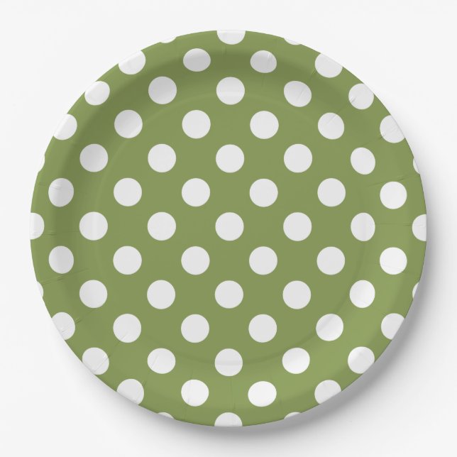 Assiettes En Carton Pois blancs sur vert olive (Devant)