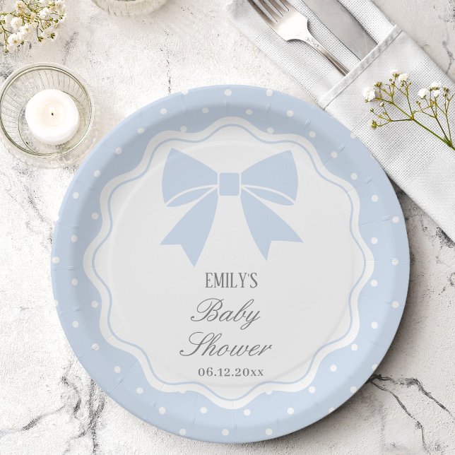 Assiettes En Carton Pois classique Baby Blue Bow Baby shower garçon (Créateur téléchargé)