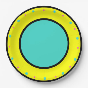 Assiettes En Carton Pois géométriques bleu rose jaune