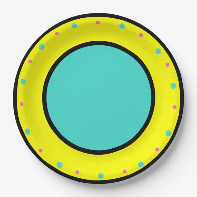Assiettes En Carton Pois géométriques bleu rose jaune (Devant)