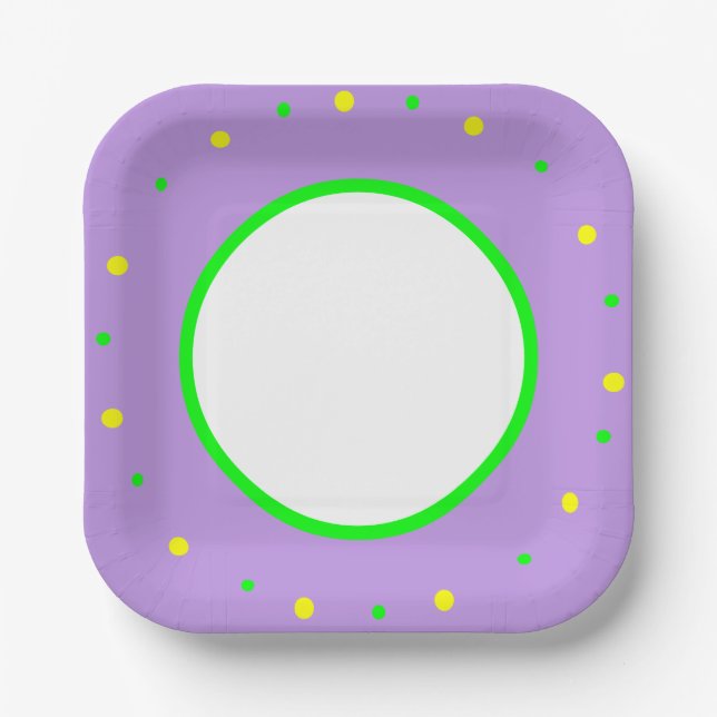 Assiettes En Carton Pois géométriques violet jaune vert (Recto)