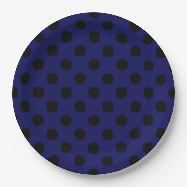 Assiettes En Carton Pois noirs sur bleu marine (Devant)