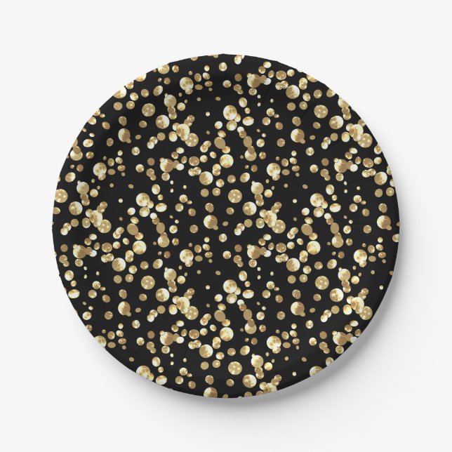 Assiettes En Carton Pois or sur un arrière - plan noir. (Devant)