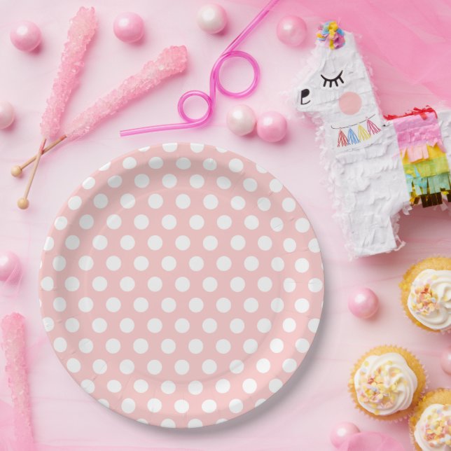 Assiettes En Carton Pois rose clair et blanc (Fête)