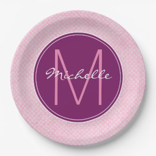 Assiettes En Carton Pois rose monogramme