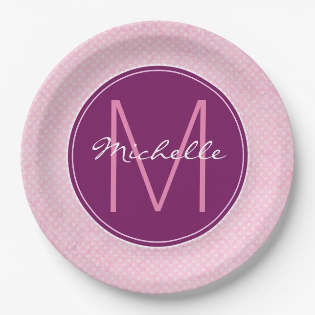 Assiettes En Carton Pois rose monogramme (Devant)
