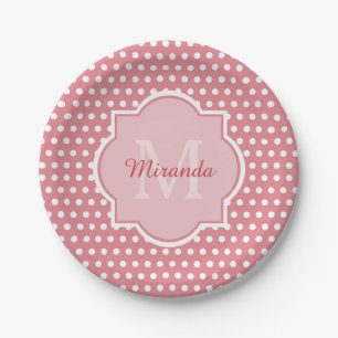 Assiettes En Carton Pois roses mignons avec Monogramme et nom