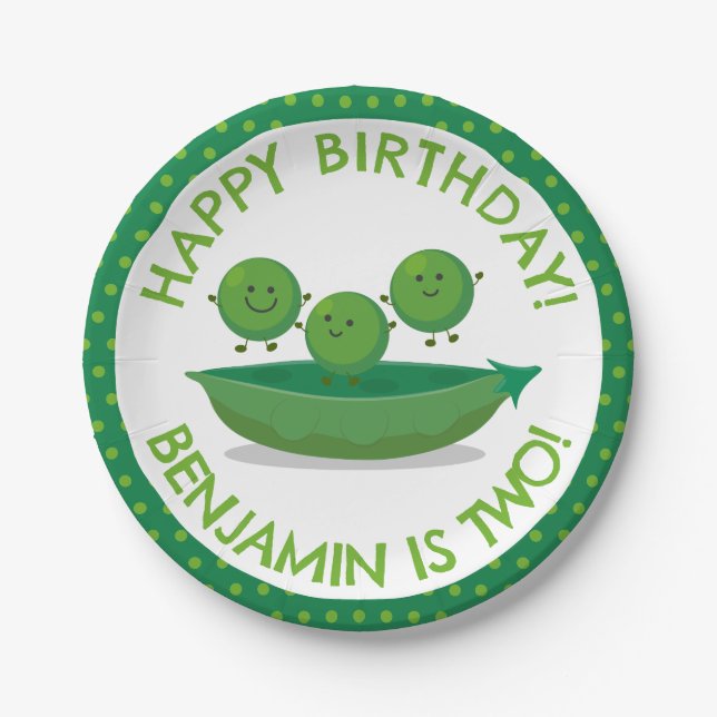 Assiettes En Carton Pois vert mignon en pod anniversaire personnalisé (Devant)