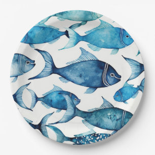 Assiettes En Carton Poisson bleu et marine Enfants marins