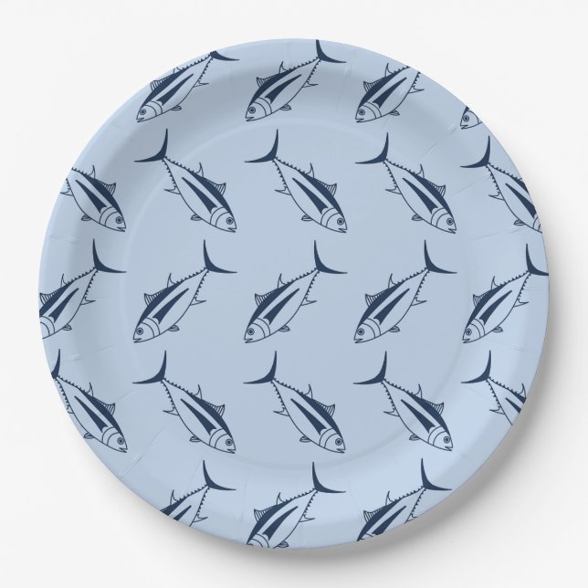 Assiettes En Carton Poisson de thon d'Albacore en bleu marine sur bleu (Devant)