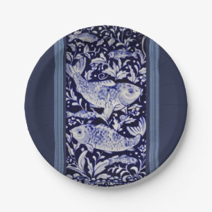 Assiettes En Carton Poisson Koi bleu et blanc Élégant Dîner