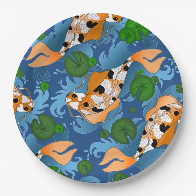 Assiettes En Carton Poisson Koi éclaboussant et Lys d'étang Personnali (Devant)