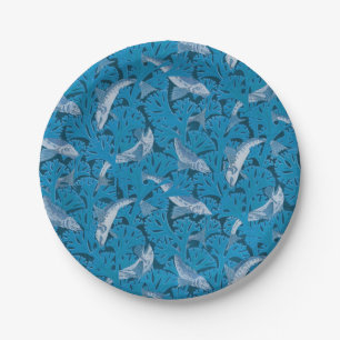 Assiettes En Carton Poisson Nage d'algues Coral Bleu Vintage Classique