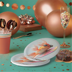 Assiettes En Carton Poisson rouge cool surfant sur une vague