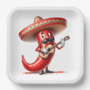 Assiettes En Carton Poivre Mexicain Rouge Avec Guitare