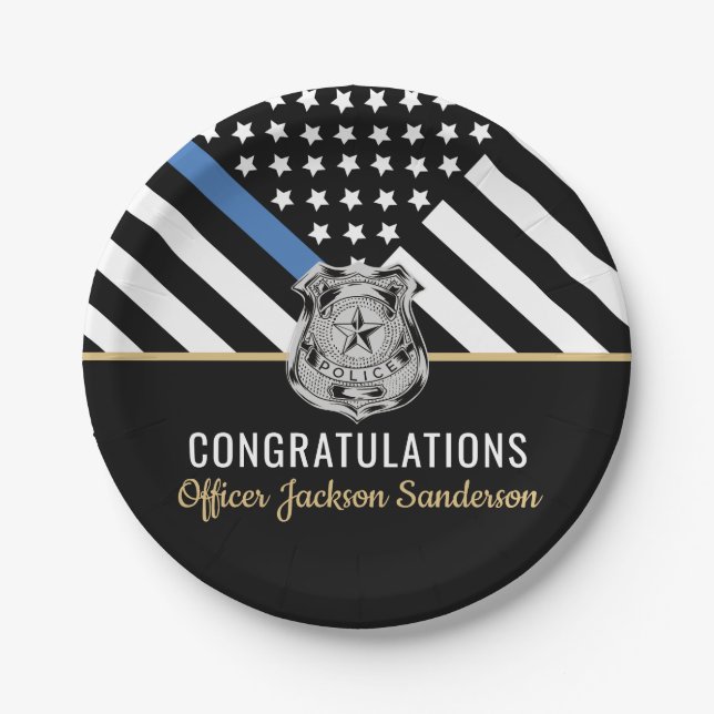 Assiettes En Carton Police mince drapeau bleu Félicitations retraite (Devant)