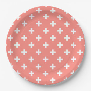 Assiettes En Carton Polka blanche croise sur la pêche