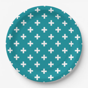 Assiettes En Carton Polka blanche croise sur turquoise