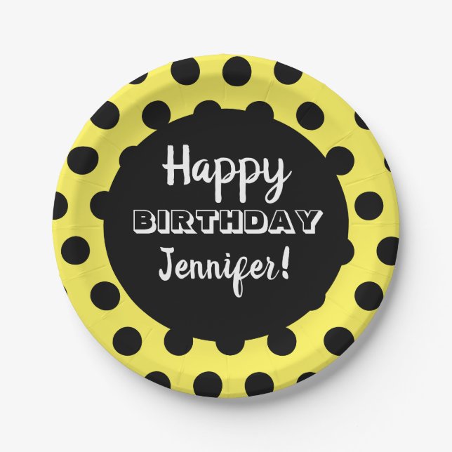 Assiettes En Carton Polka Noir & Jaune Point Personnalisé Anniversaire (Devant)