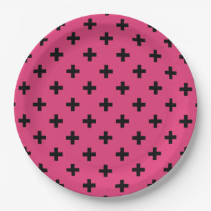 Assiettes En Carton Polka noire croise sur fuchsia