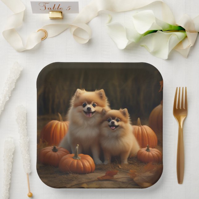 Assiettes En Carton Poméranien Chiot Automne Citrouille délice (Mariage)