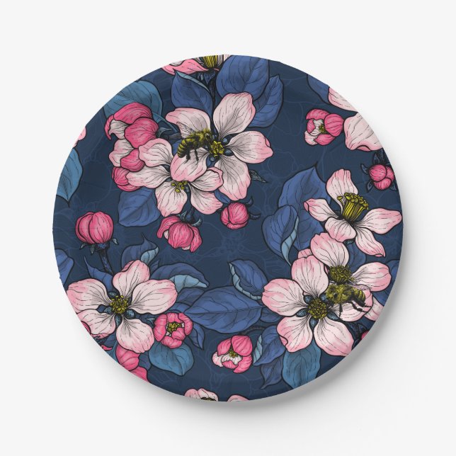 Assiettes En Carton Pomme fleurit sur un bleu foncé (Devant)