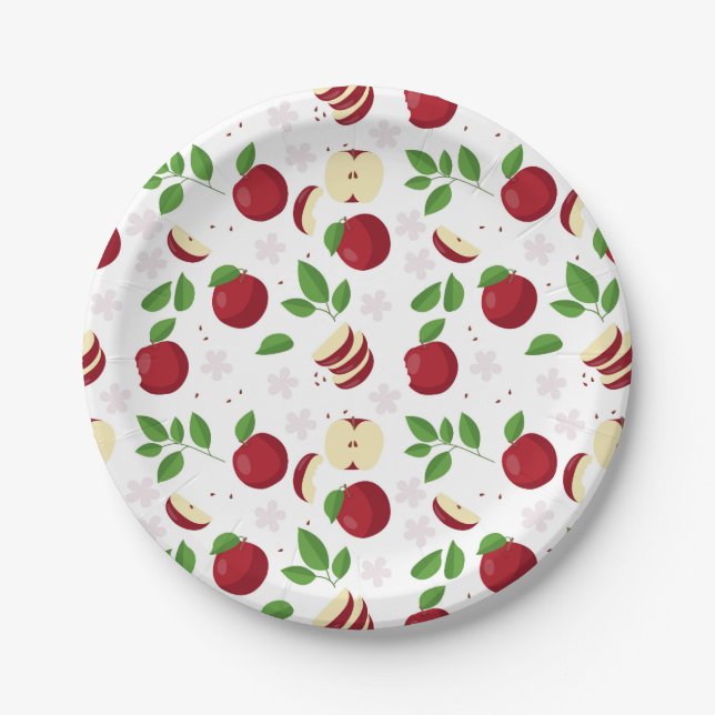 Assiettes En Carton Pommes rouges, fleurs et Motif de verdure (Devant)