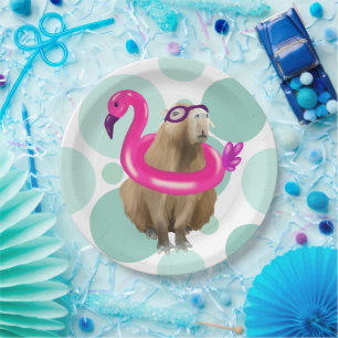 Assiettes En Carton Pool Party Cute Capybara Avec Flotte Flamant rose