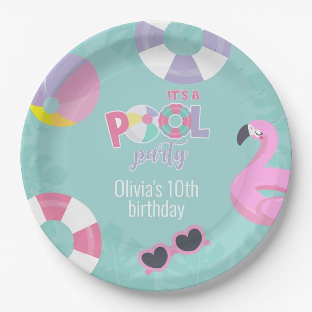 Assiettes En Carton Pool party Fille Anniversaire Plaque papier (Devant)