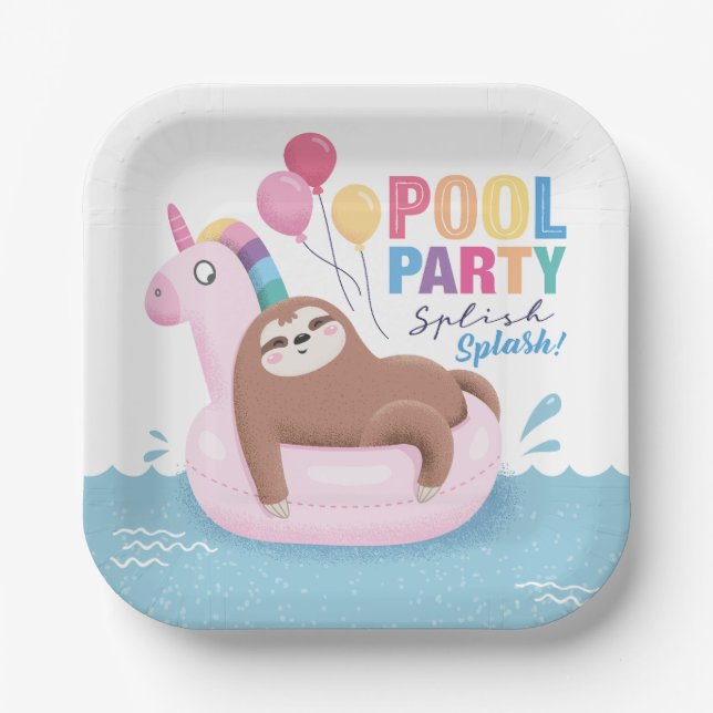 Assiettes En Carton Pool Party mignonne Sloth été Anniversaire plaque  (Recto)