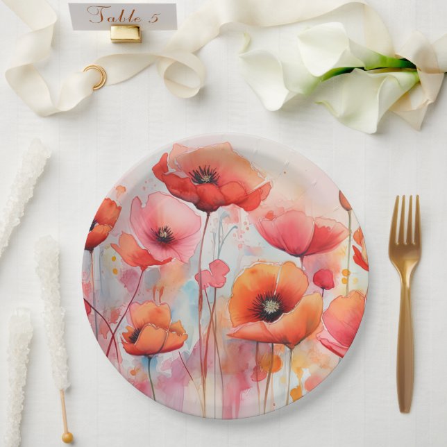 Assiettes En Carton Poppies d'aquarelle rouge dans un champ (Mariage)