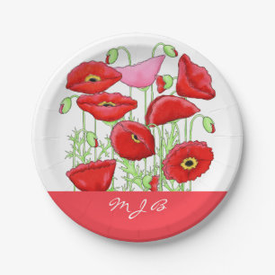 Assiettes En Carton Poppies roses rouges Art Personnalisé Monogramme p