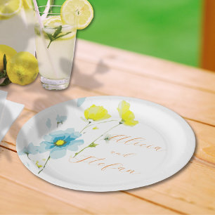 Assiettes En Carton Poppies rustiques simples bleues jaunes aquarelles
