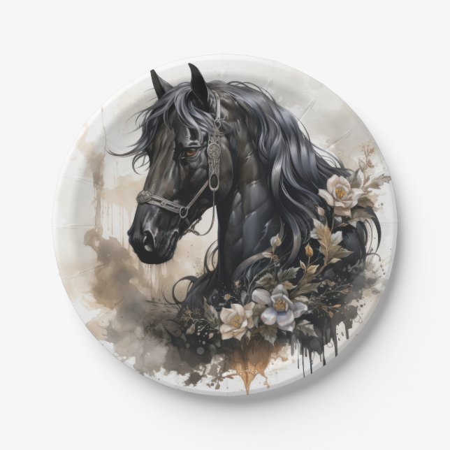 Assiettes En Carton Portrait de cheval de beauté noir (Devant)