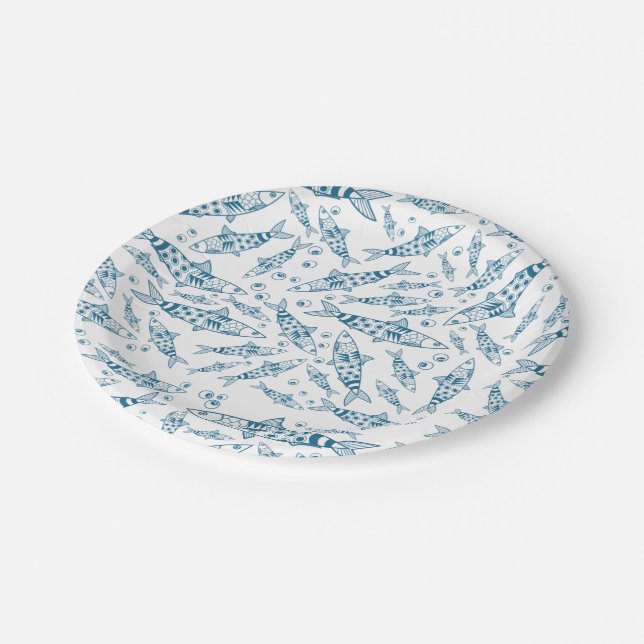 Assiettes En Carton Portugais Lisbonne Sardines Motif Azulejos Blanc (Angle)