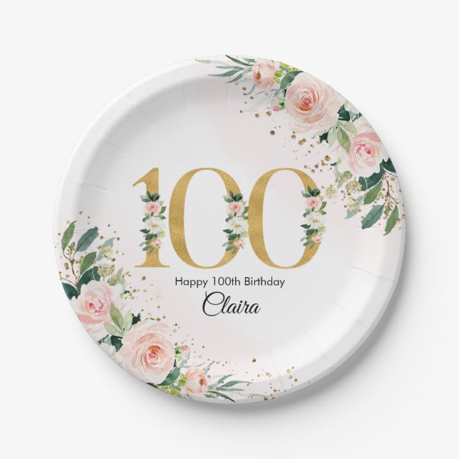 Assiettes En Carton Poser Floral 100e Plaques de papier d'anniversaire (Devant)