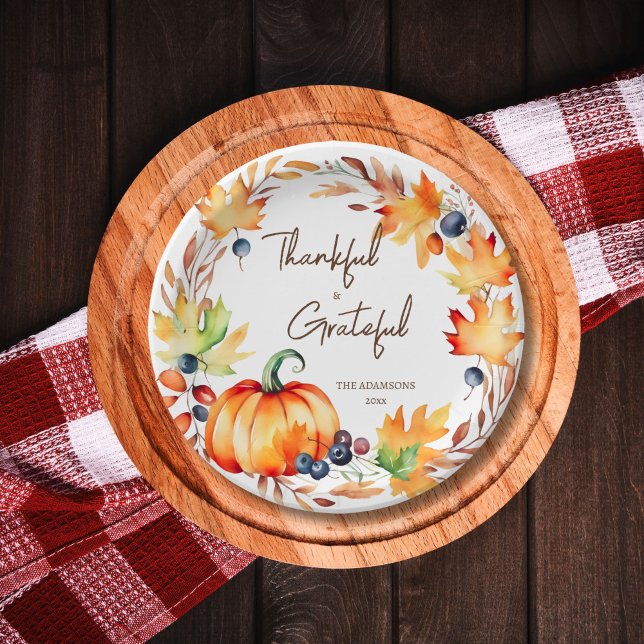 Assiettes En Carton Pot Luck Thanksgiving dîner soirée vaisselle (Thanksgiving pot luck thankful grateful party tableware personalized plates watercolor wreath pumpki)