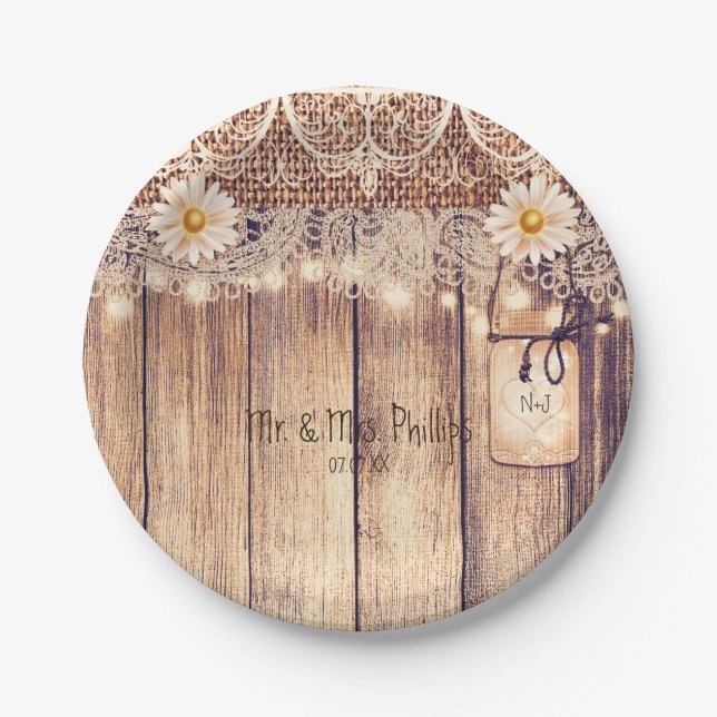Assiettes En Carton Pots de Mason Lumière Rustique Daisies & Mariage d (Devant)