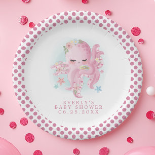 Assiettes En Carton Poulpe Mignon Rose Aquarelle Fille Baby Shower