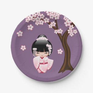 Assiettes En Carton Poupée blanche Kimono Kokeshi - mignonne Geisha Gi