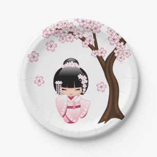 Assiettes En Carton Poupée Kokeshi Kimono Rose