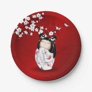 Assiettes En Carton Poupée Kokeshi Rouge Noir Blanc Cerisier Fleurs