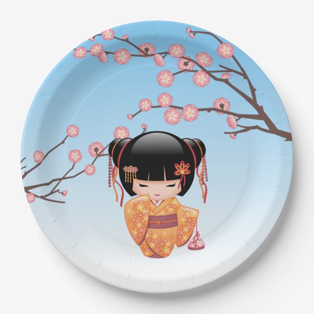 Assiettes En Carton Poupée Ume Kokeshi - Japonaise Geisha Girl Blue (Devant)