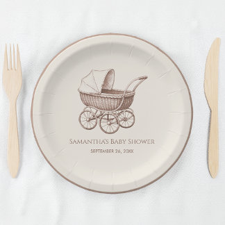 Assiettes En Carton Poussette Vintage Bébé Marron Sépia Baby Shower