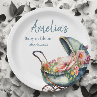 Assiettes En Carton Poussette Vintage Fête Personnalisée pour Bébé
