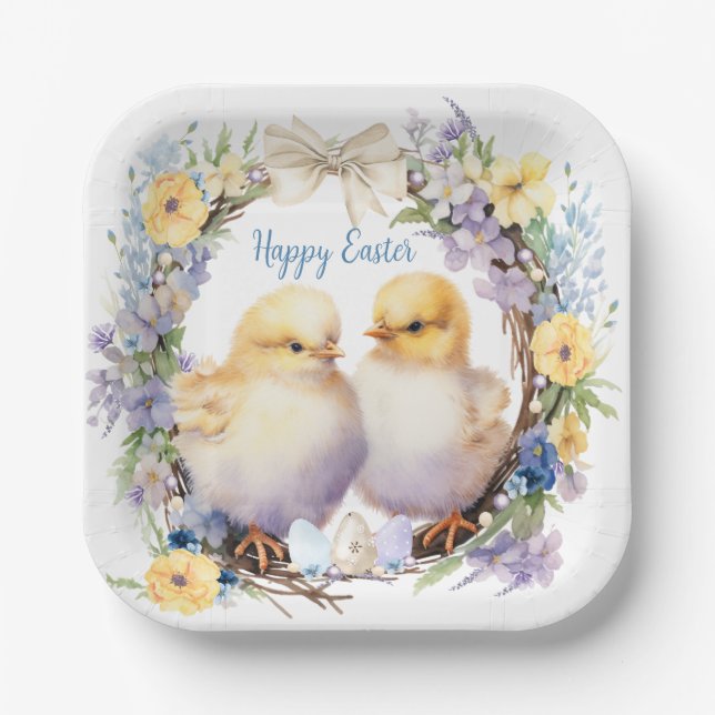 Assiettes En Carton Poussin de Pâques personnalisé à l'aquarelle (Recto)