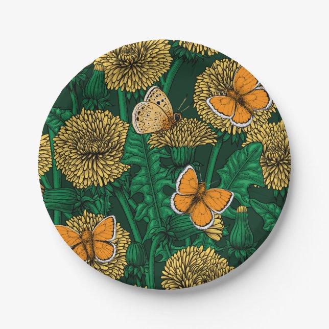 Assiettes En Carton Pré de Dandelion sur vert foncé (Devant)
